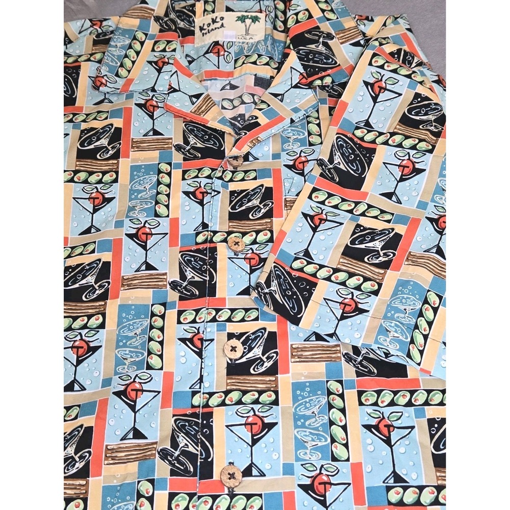 Vtg Koko Island Hawaiian Shirt Mens Large Martini Olive Cocktail Pop Art USA